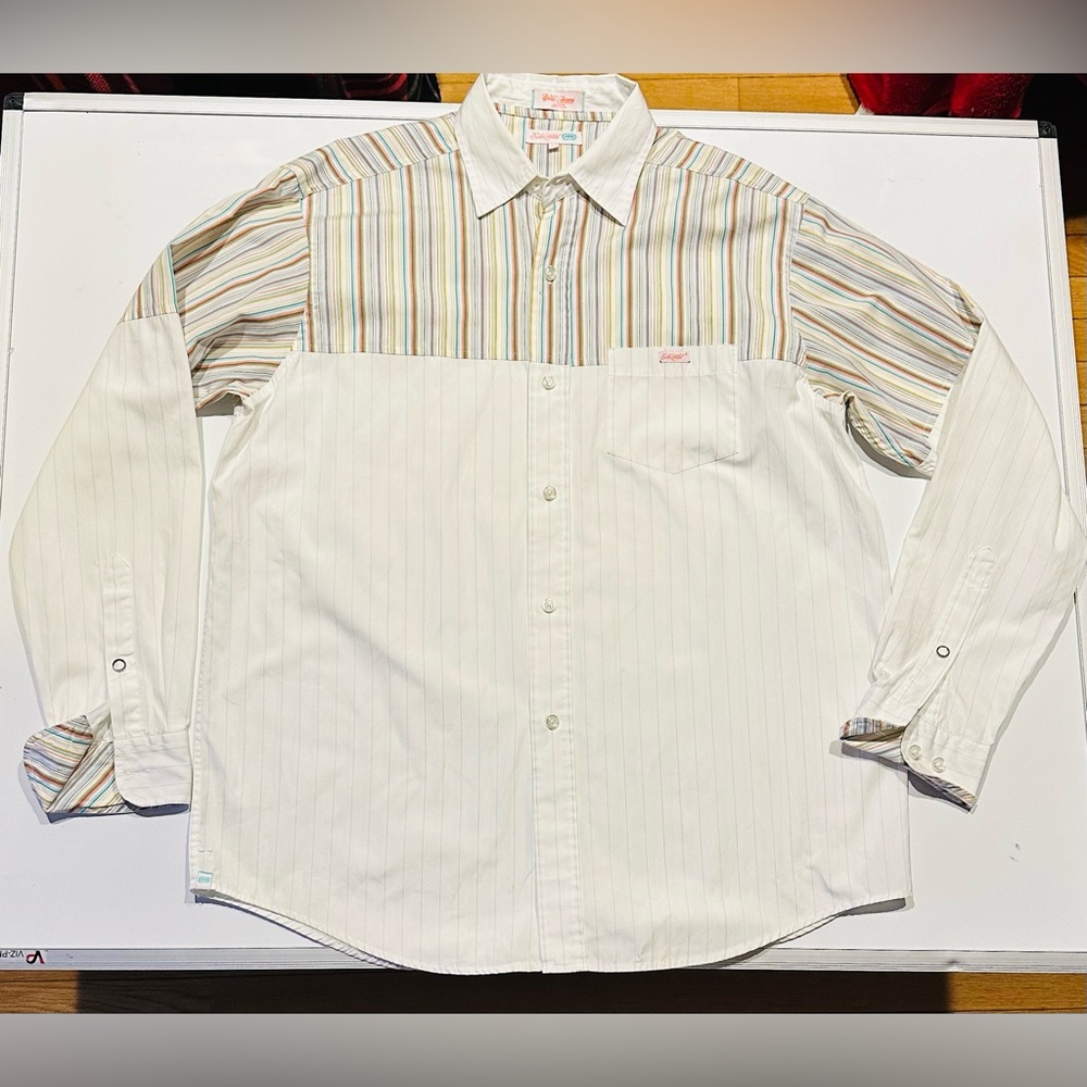 ECKO UNLIMITED WORLD FAMOUS 100% COTTON WHITE/MULTI-COLOR STRIPED SHIRT sz M